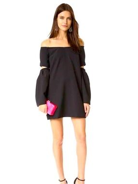 Re:named Juliette Off the Shoulder Mini Dress, Black Crepe, Medium, Cutout Flare